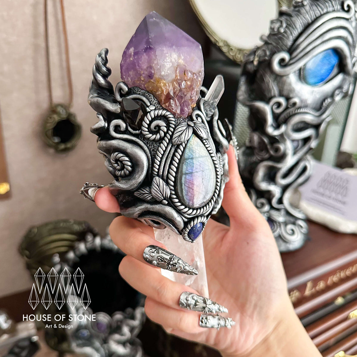Handmade Natural Amethyst Crystal Wand/Magic Witch Crystal Wand/Clear Quartz Labradorite Handle/Chakra/Manifest Altar Tool