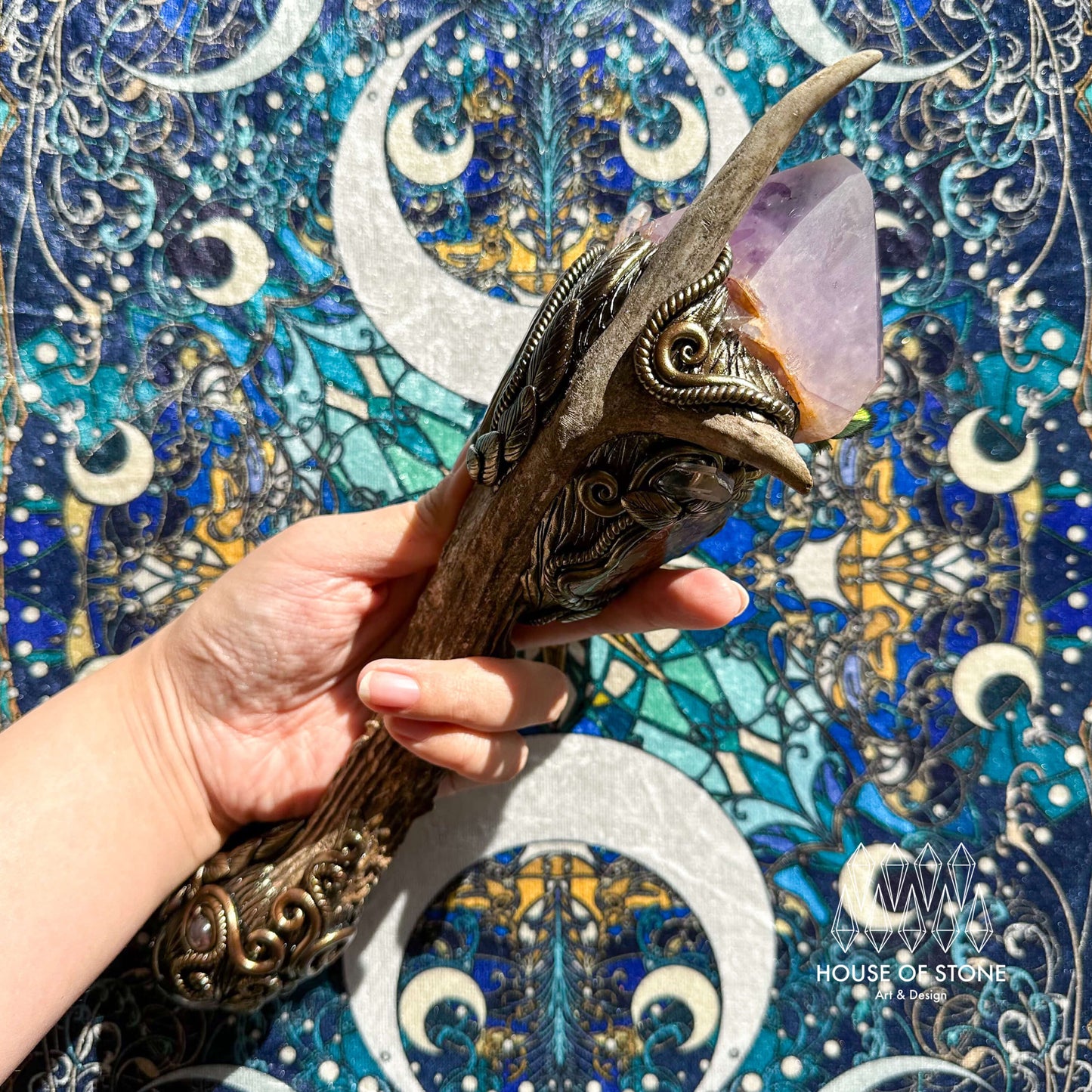 Handmade Natural Crystal Amethyst Antler Wand/Magic Clear Quartz Witch Wand/Labradorite Amethyst Ammonite Antler Stem/Chakra/Altar Tool
