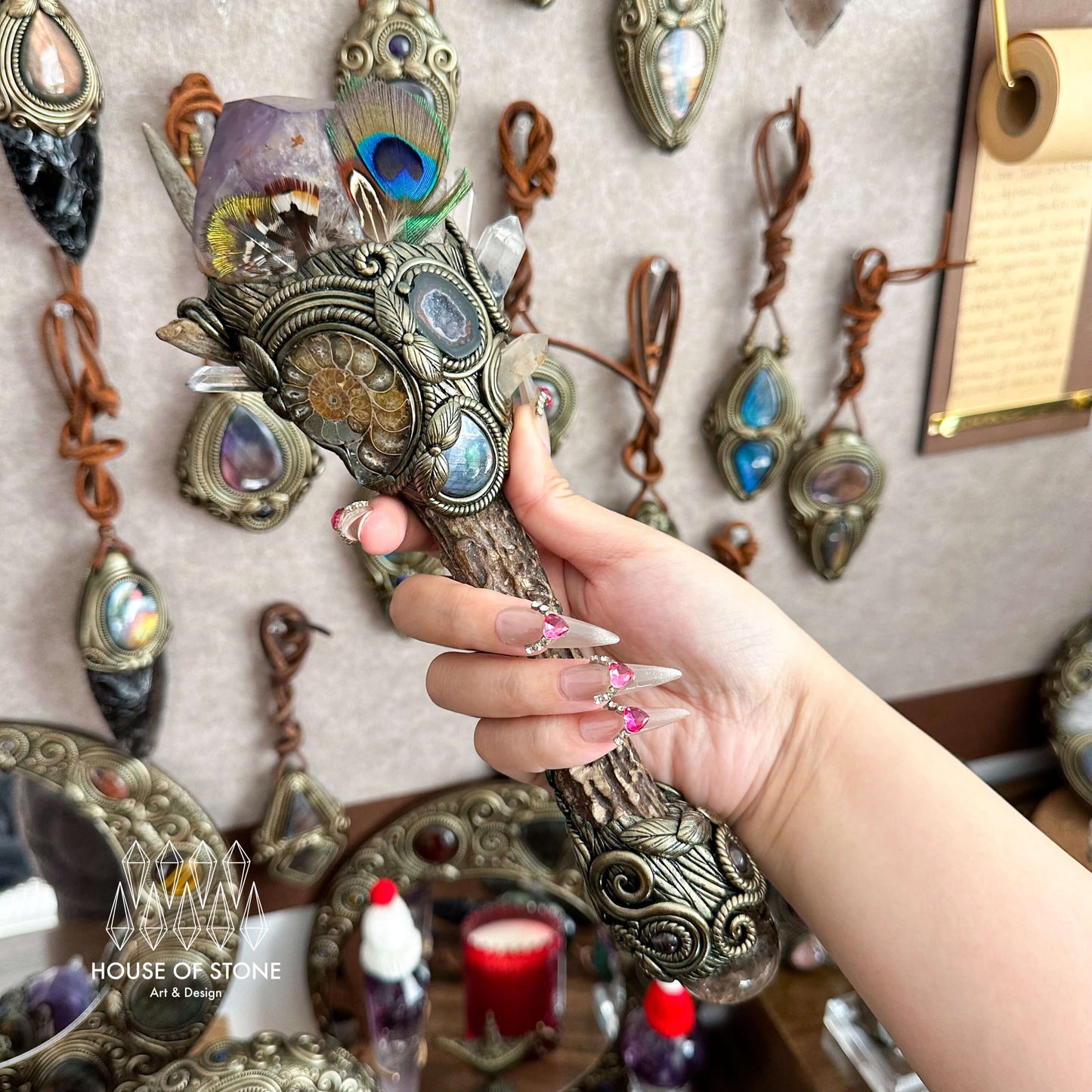 Handmade Natural Crystal Amethyst Antler Wand/Magic Clear Quartz Witch Wand/Labradorite Amethyst Ammonite Antler Stem/Chakra/Altar Tool