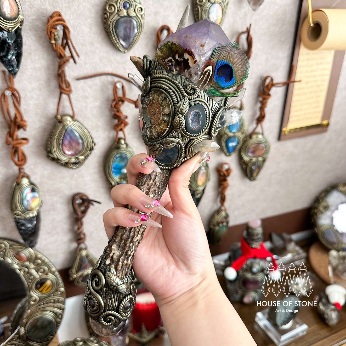 Handmade Natural Crystal Amethyst Antler Wand/Magic Clear Quartz Witch Wand/Labradorite Amethyst Ammonite Antler Stem/Chakra/Altar Tool