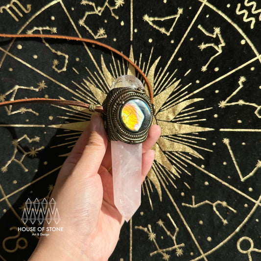 Handmade Natural Rose Quartz Pendant Necklace/Magic Clear Quartz Crystal Protection Pendant/Labradorite Jewelry/Chakra/Altar Tool