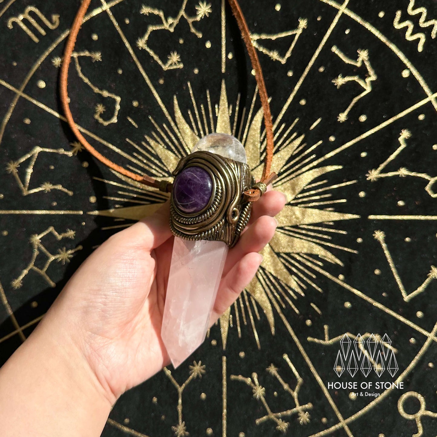 Handmade Natural Rose Quartz Pendant Necklace/Magic Clear Quartz Crystal Protection Pendant/Labradorite Jewelry/Chakra/Altar Tool