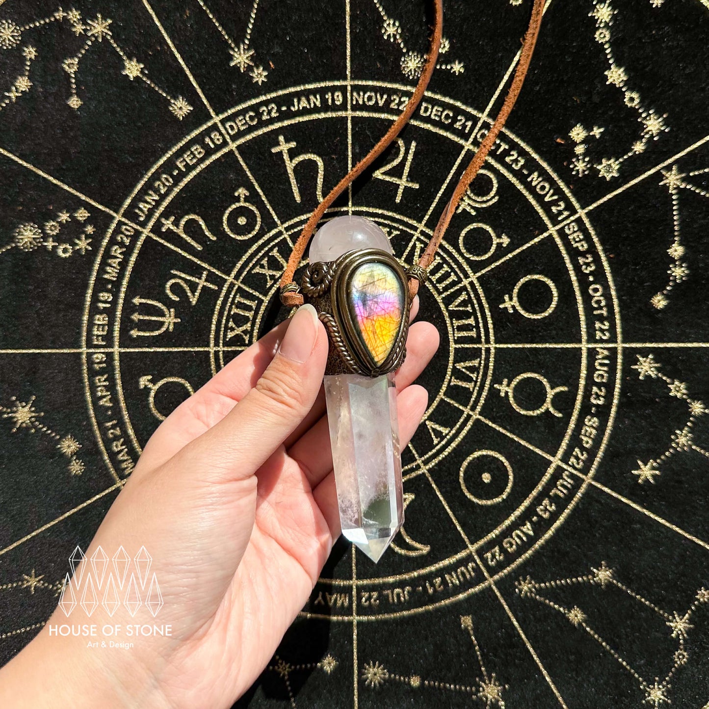 Handmade Natural Aura Quartz Pendant Necklace/Magic Rose Quartz Crystal Protection Pendant/Labradorite Jewelry/Chakra/Altar Tool