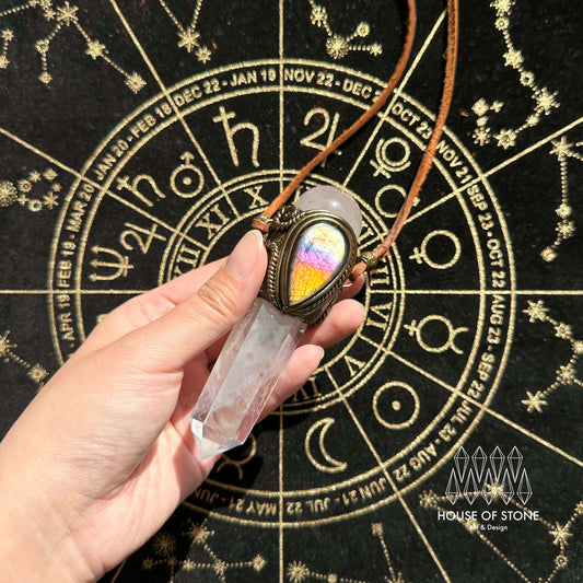 Handmade Natural Aura Quartz Pendant Necklace/Magic Rose Quartz Crystal Protection Pendant/Labradorite Jewelry/Chakra/Altar Tool