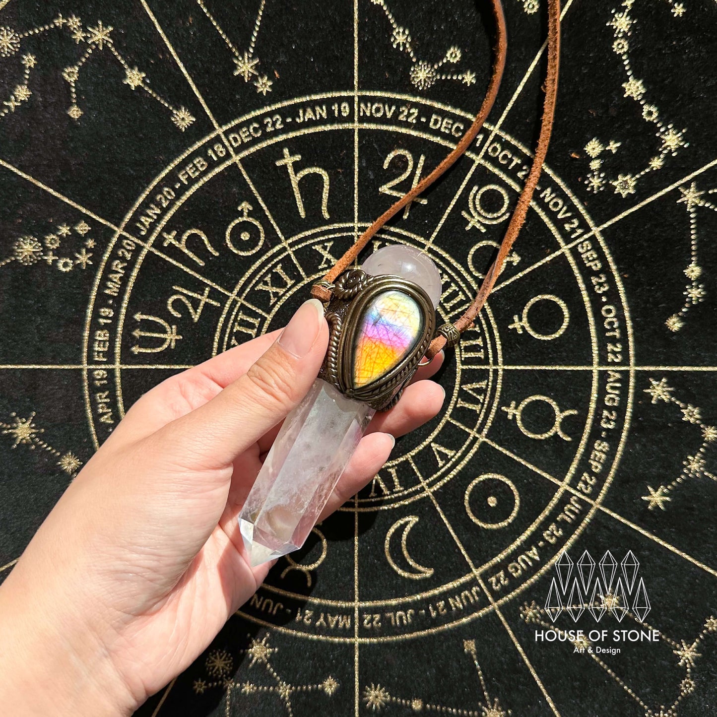 Handmade Natural Aura Quartz Pendant Necklace/Magic Rose Quartz Crystal Protection Pendant/Labradorite Jewelry/Chakra/Altar Tool