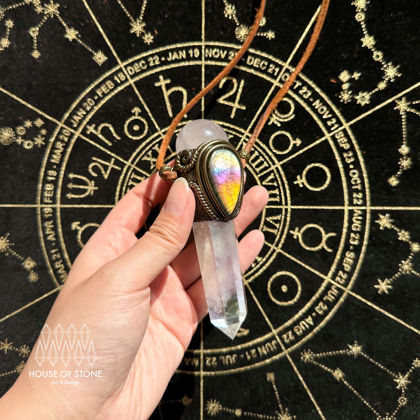 Handmade Natural Aura Quartz Pendant Necklace/Magic Rose Quartz Crystal Protection Pendant/Labradorite Jewelry/Chakra/Altar Tool