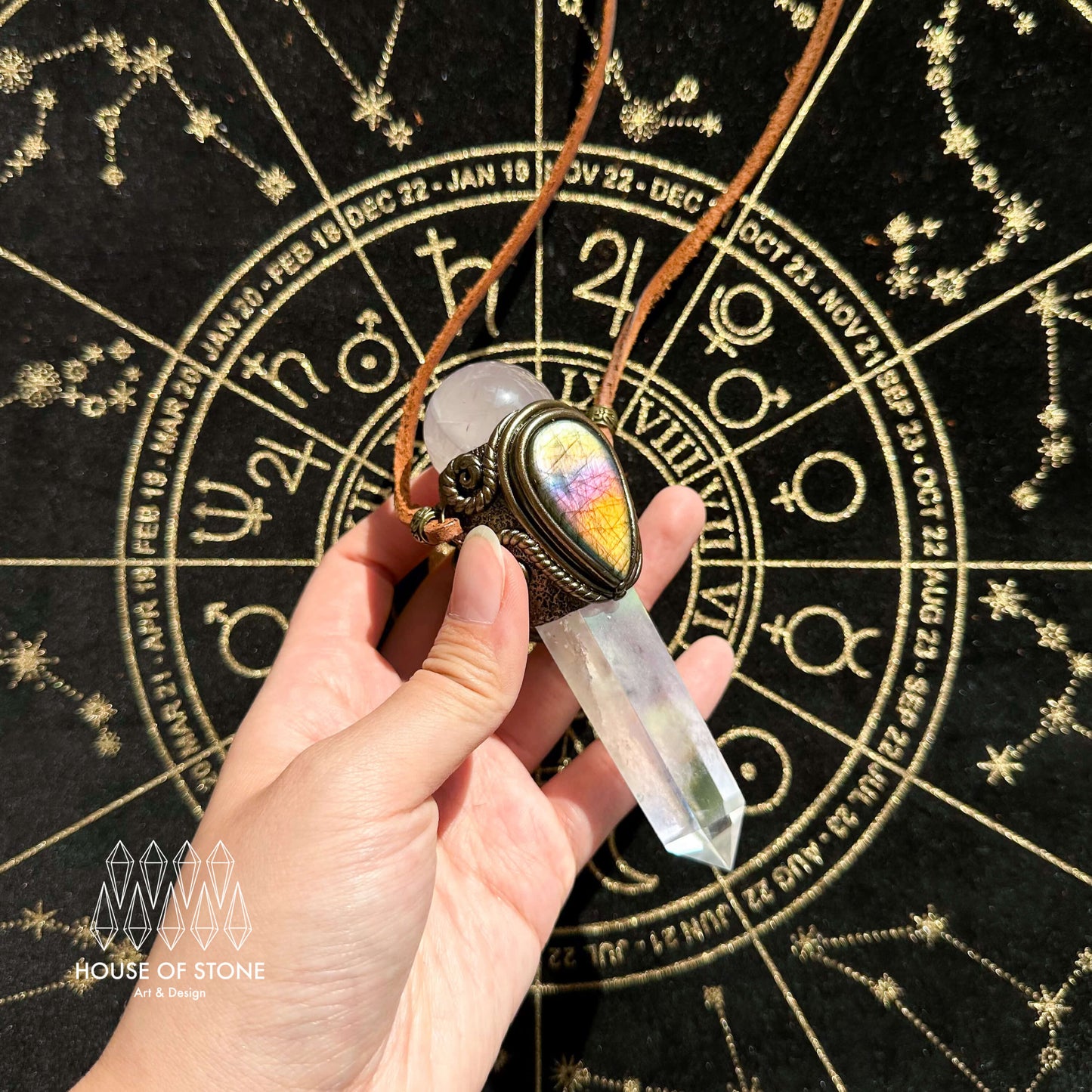 Handmade Natural Aura Quartz Pendant Necklace/Magic Rose Quartz Crystal Protection Pendant/Labradorite Jewelry/Chakra/Altar Tool