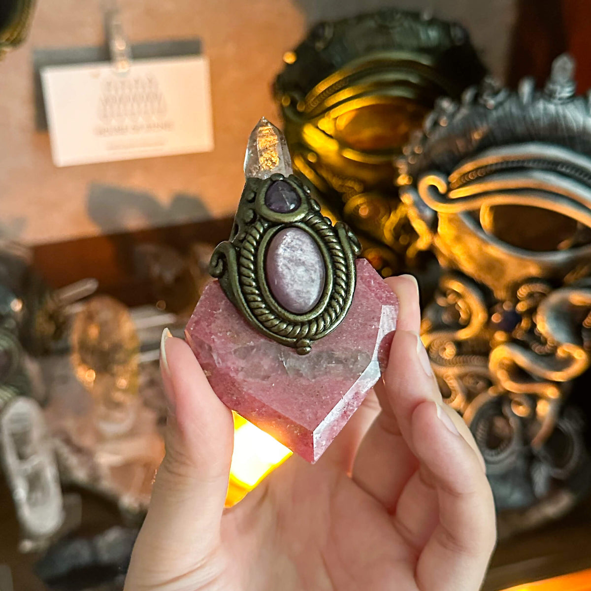 Handmade Natural Rhodonite Necklace/Magic Herkimer Dianmond Quartz Crystal Protection Pendant/Amulet Talisman Jewelry/Altar Tool