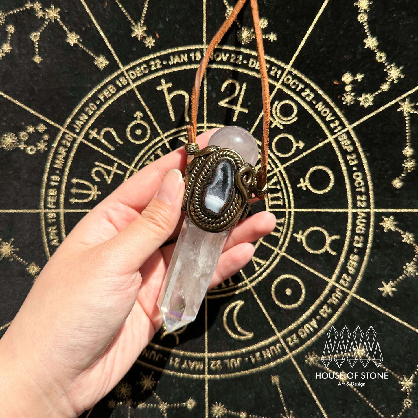 Handmade Natural Aura Quartz Pendant Necklace/Magic Rose Quartz Crystal Protection Pendant/Labradorite Jewelry/Chakra/Altar Tool