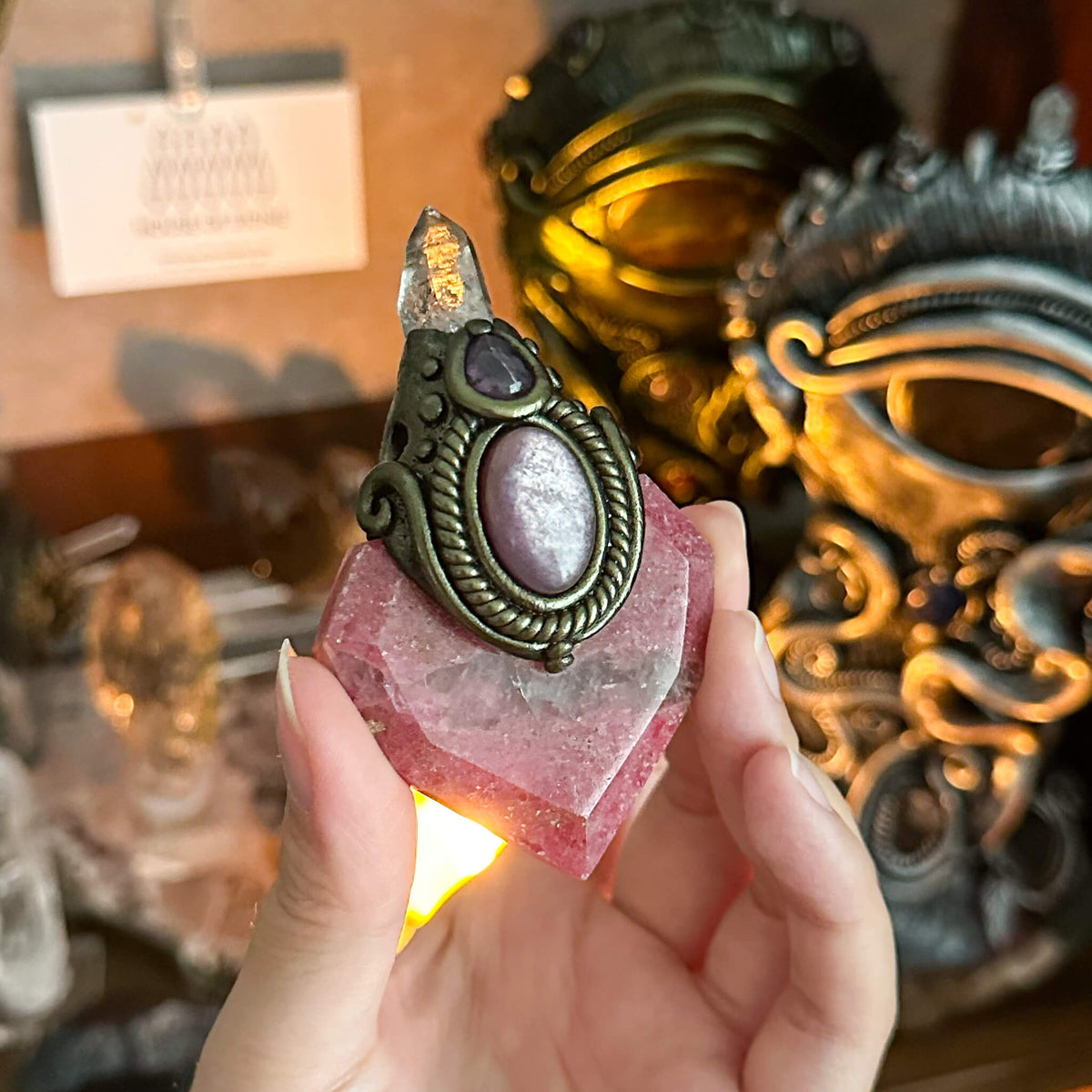 Handmade Natural Rhodonite Necklace/Magic Herkimer Dianmond Quartz Crystal Protection Pendant/Amulet Talisman Jewelry/Altar Tool