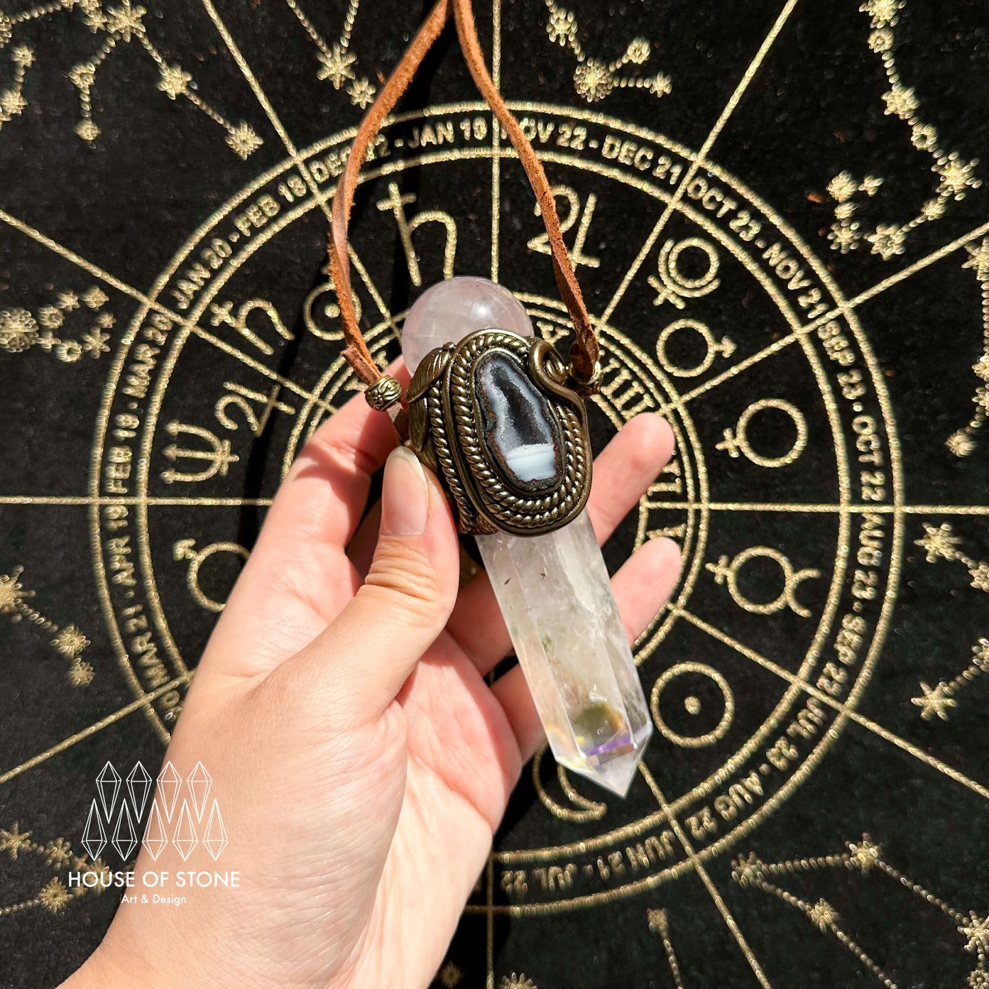 Handmade Natural Aura Quartz Pendant Necklace/Magic Rose Quartz Crystal Protection Pendant/Labradorite Jewelry/Chakra/Altar Tool