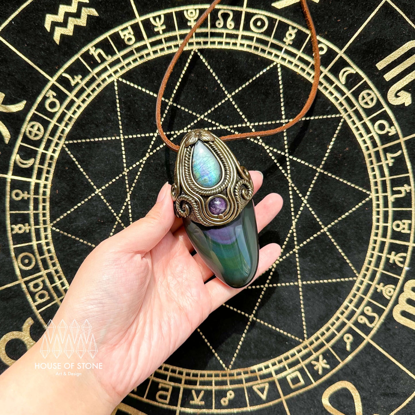 Natural Handmade Rainbow Obsidian Pendant Necklace/Magic Crystal Double-sided Pendant/Amethyst Labradorite Necklace/Root Chakra/Altar Tool