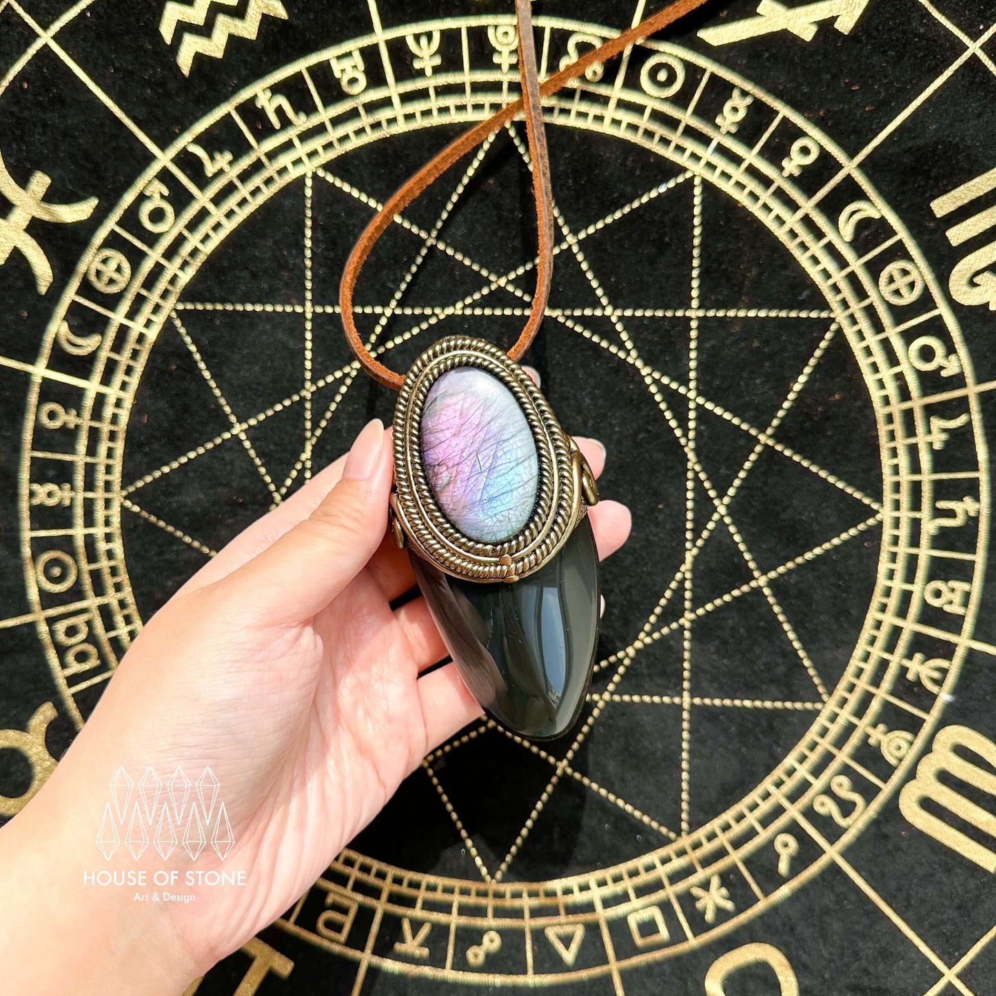 Natural Handmade Rainbow Obsidian Pendant Necklace/Magic Crystal Double-sided Pendant/Amethyst Labradorite Necklace/Root Chakra/Altar Tool