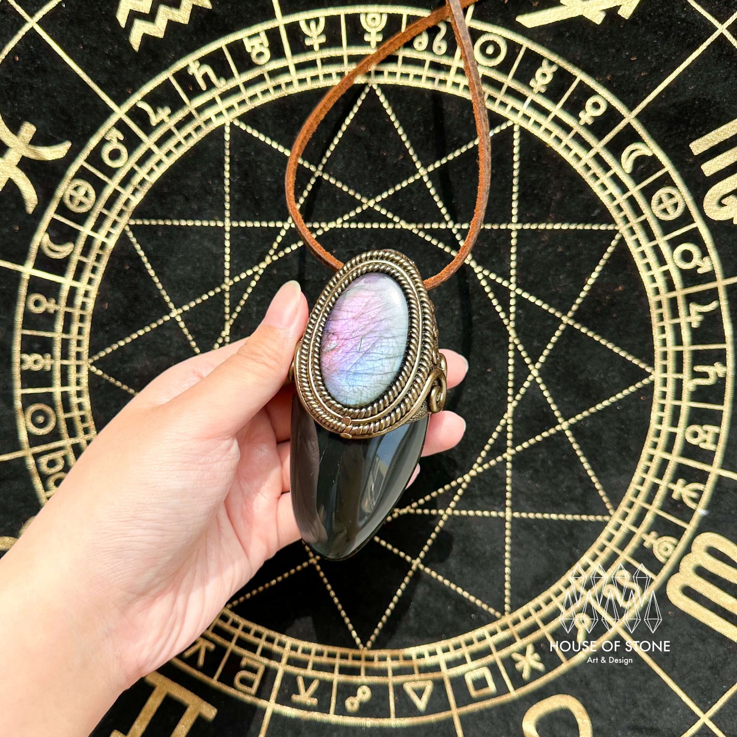 Natural Handmade Rainbow Obsidian Pendant Necklace/Magic Crystal Double-sided Pendant/Amethyst Labradorite Necklace/Root Chakra/Altar Tool