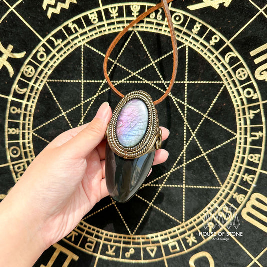 Natural Handmade Rainbow Obsidian Pendant Necklace/Magic Crystal Double-sided Pendant/Amethyst Labradorite Necklace/Root Chakra/Altar Tool