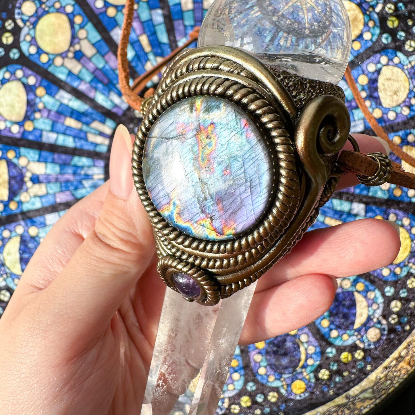 Natural Handmade Clear Quartz Pendant Necklace/Magic Quartz Crystal Double-sided Pendant/Labradorite Amethyst Jewelry/Chakra/Altar Tool