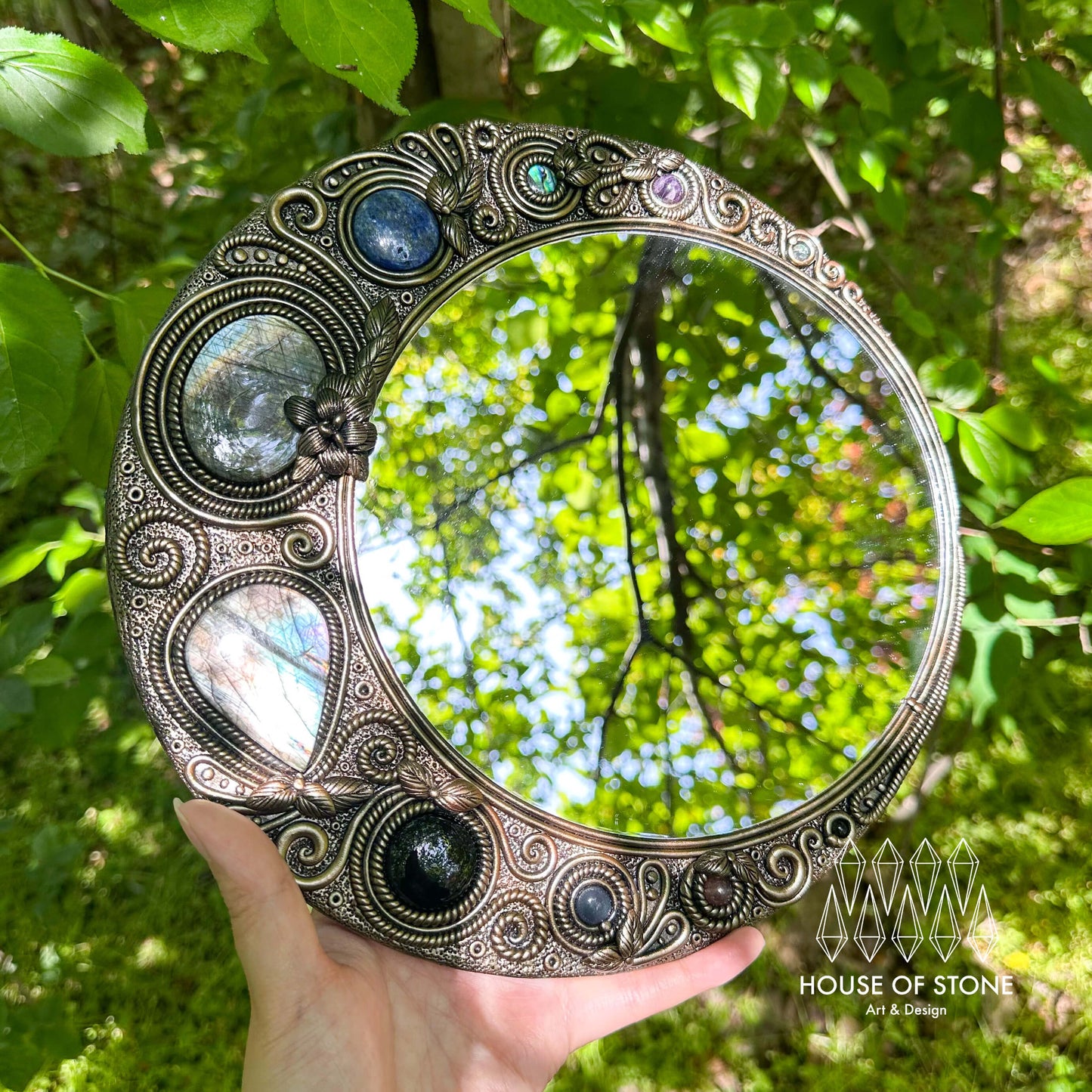 Handmade Natural Crystal Mirror/Magic Crystal Witch Mirror/Labradorite Mirror/Crystal Quartz Mirror/Chakra Healing/Manifest Altar Tool