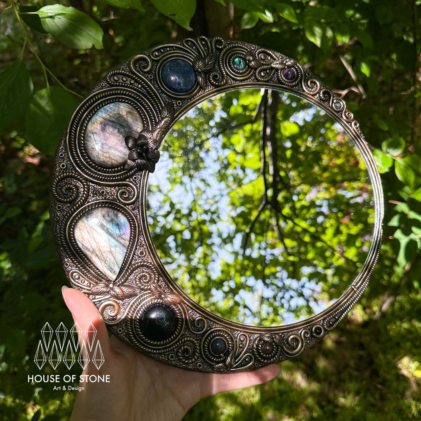 Handmade Natural Crystal Mirror/Magic Crystal Witch Mirror/Labradorite Mirror/Crystal Quartz Mirror/Chakra Healing/Manifest Altar Tool