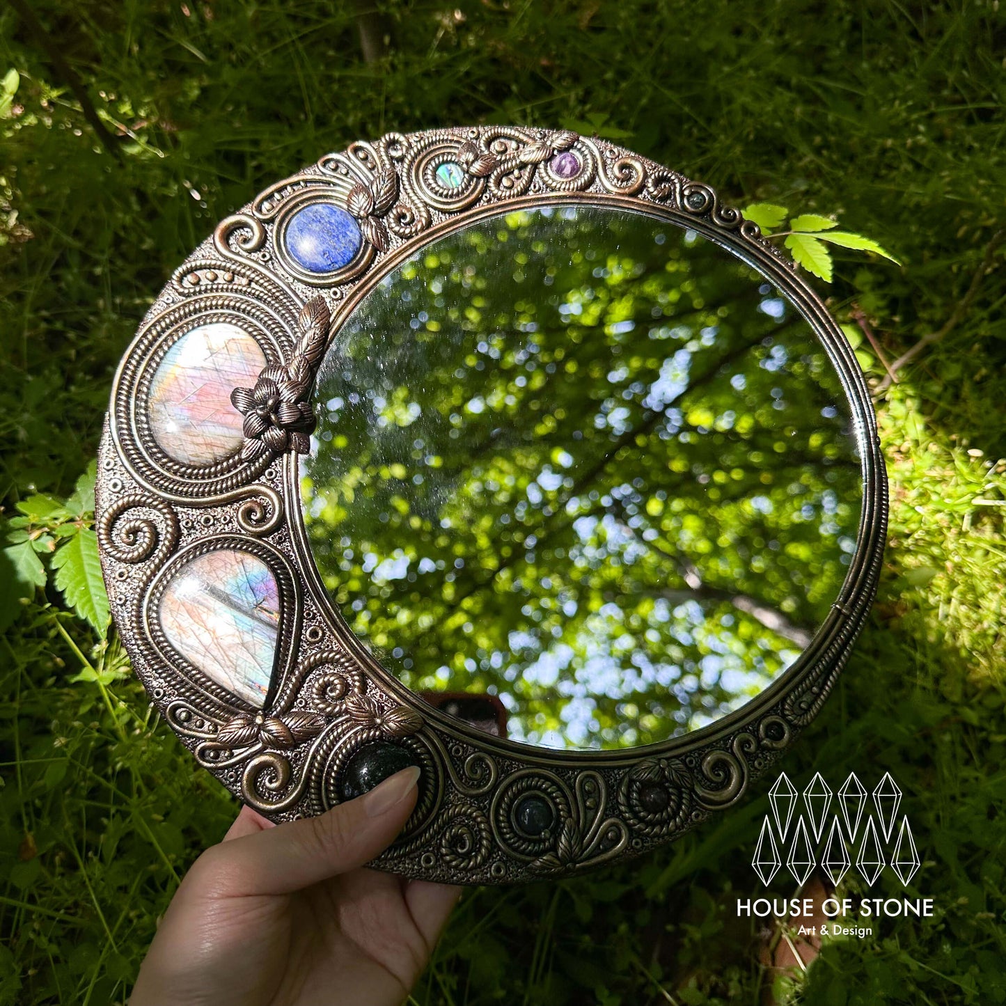 Handmade Natural Crystal Mirror/Magic Crystal Witch Mirror/Labradorite Mirror/Crystal Quartz Mirror/Chakra Healing/Manifest Altar Tool