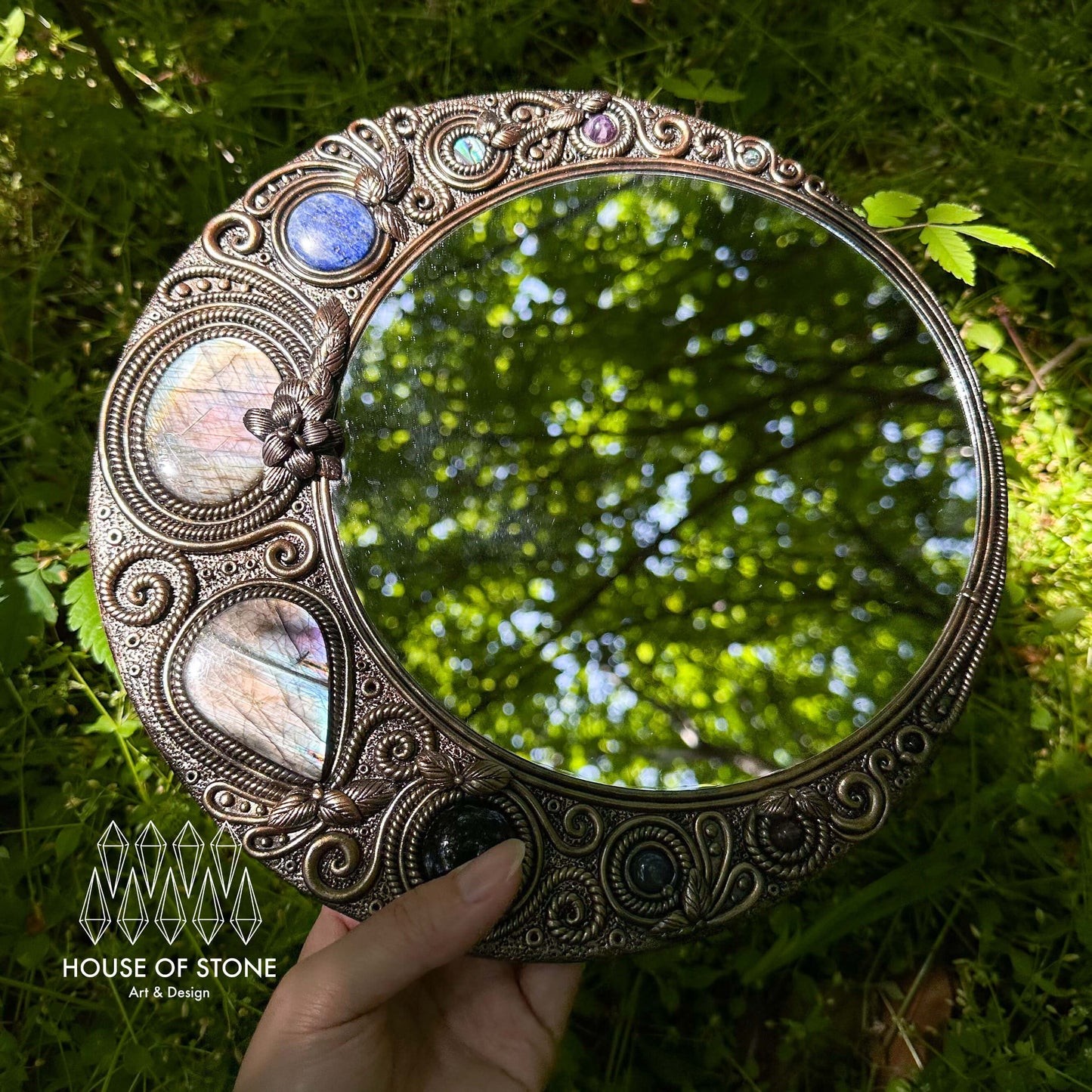 Handmade Natural Crystal Mirror/Magic Crystal Witch Mirror/Labradorite Mirror/Crystal Quartz Mirror/Chakra Healing/Manifest Altar Tool