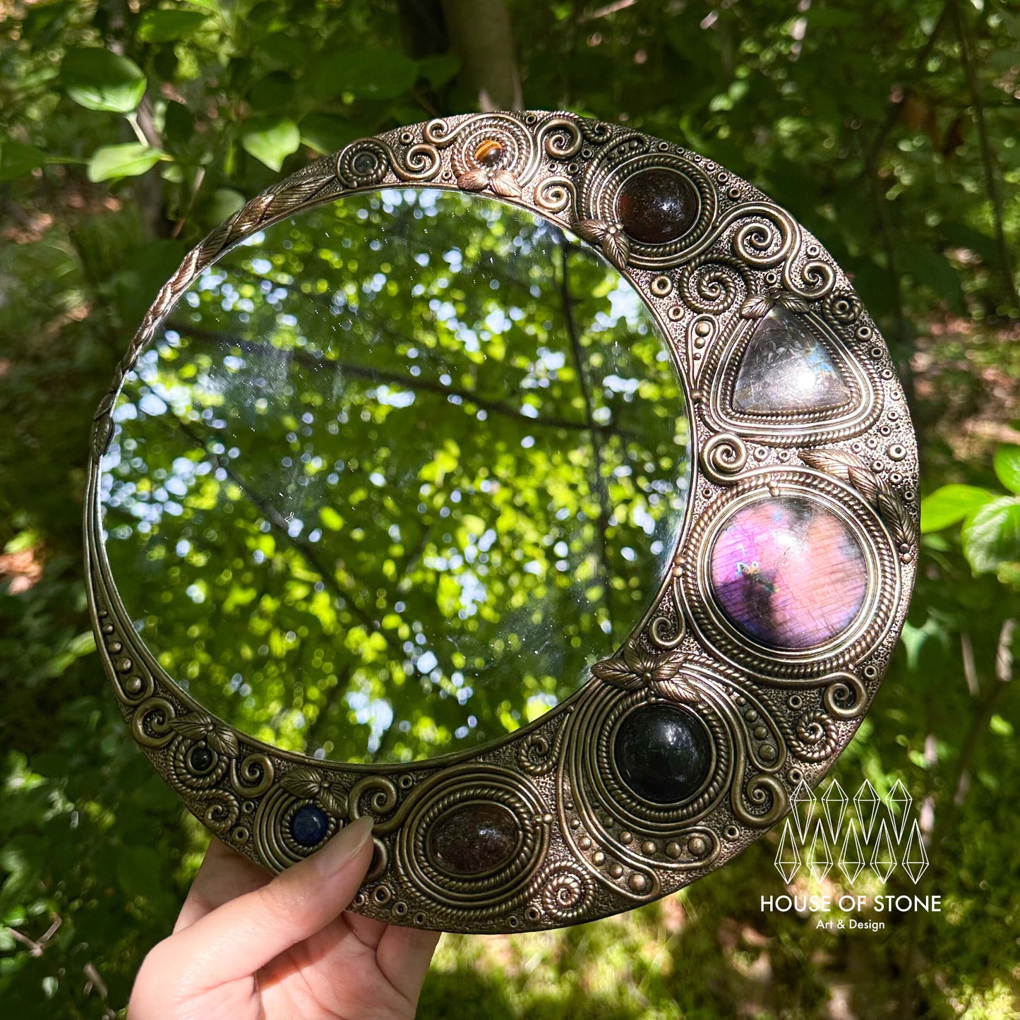 Natural Handmade Crystal Mirror/Magic Crystal Witch Mirror/Labradorite Mirror/Crystal Quartz Mirror/Chakra Healing/Manifest Altar Tool