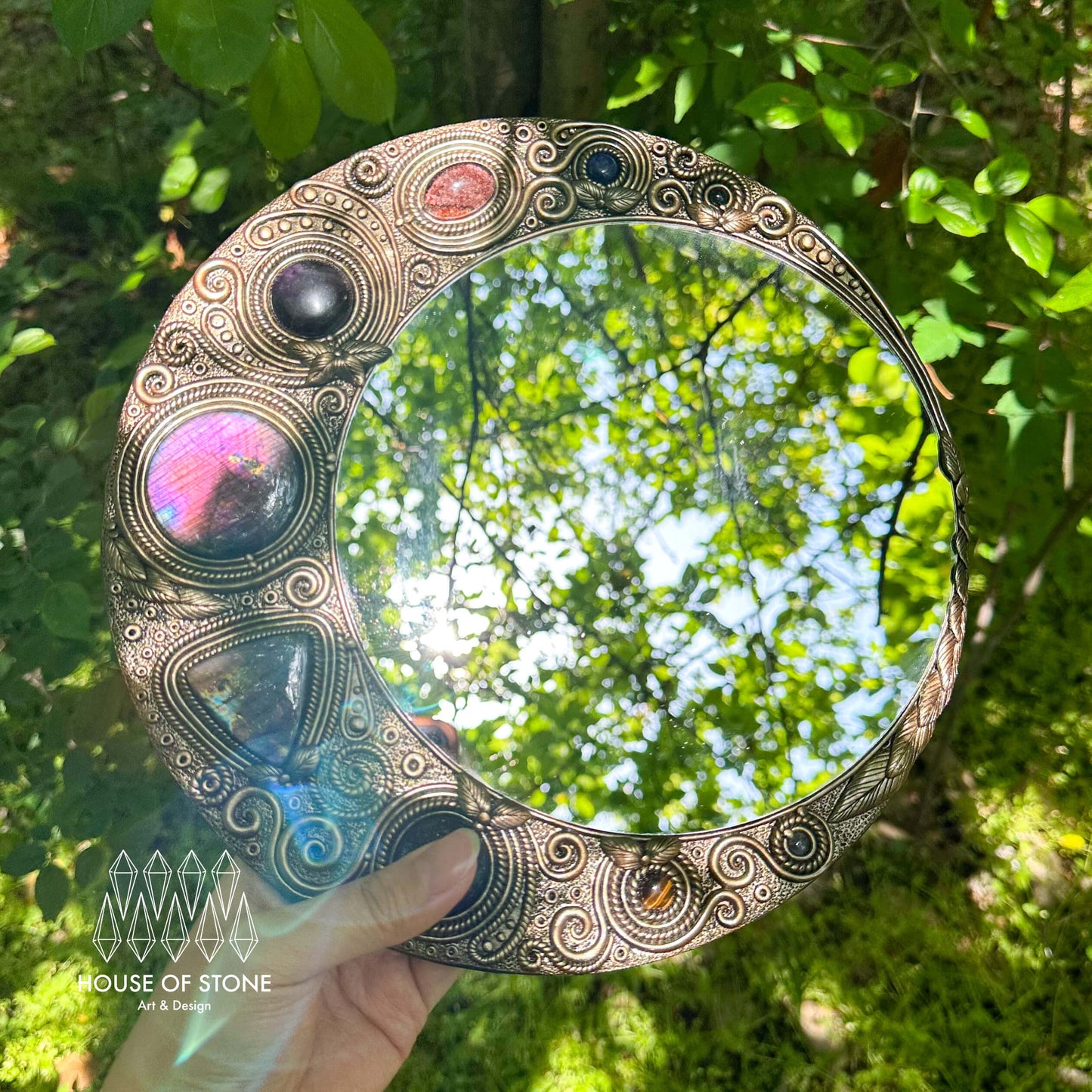 Natural Handmade Crystal Mirror/Magic Crystal Witch Mirror/Labradorite Mirror/Crystal Quartz Mirror/Chakra Healing/Manifest Altar Tool