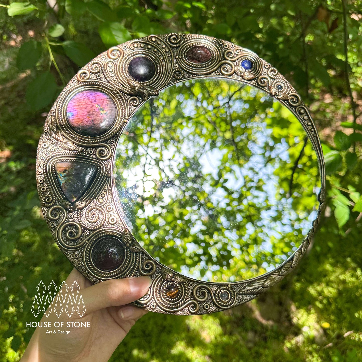 Natural Handmade Crystal Mirror/Magic Crystal Witch Mirror/Labradorite Mirror/Crystal Quartz Mirror/Chakra Healing/Manifest Altar Tool