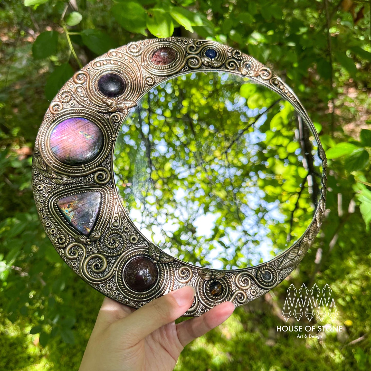Natural Handmade Crystal Mirror/Magic Crystal Witch Mirror/Labradorite Mirror/Crystal Quartz Mirror/Chakra Healing/Manifest Altar Tool