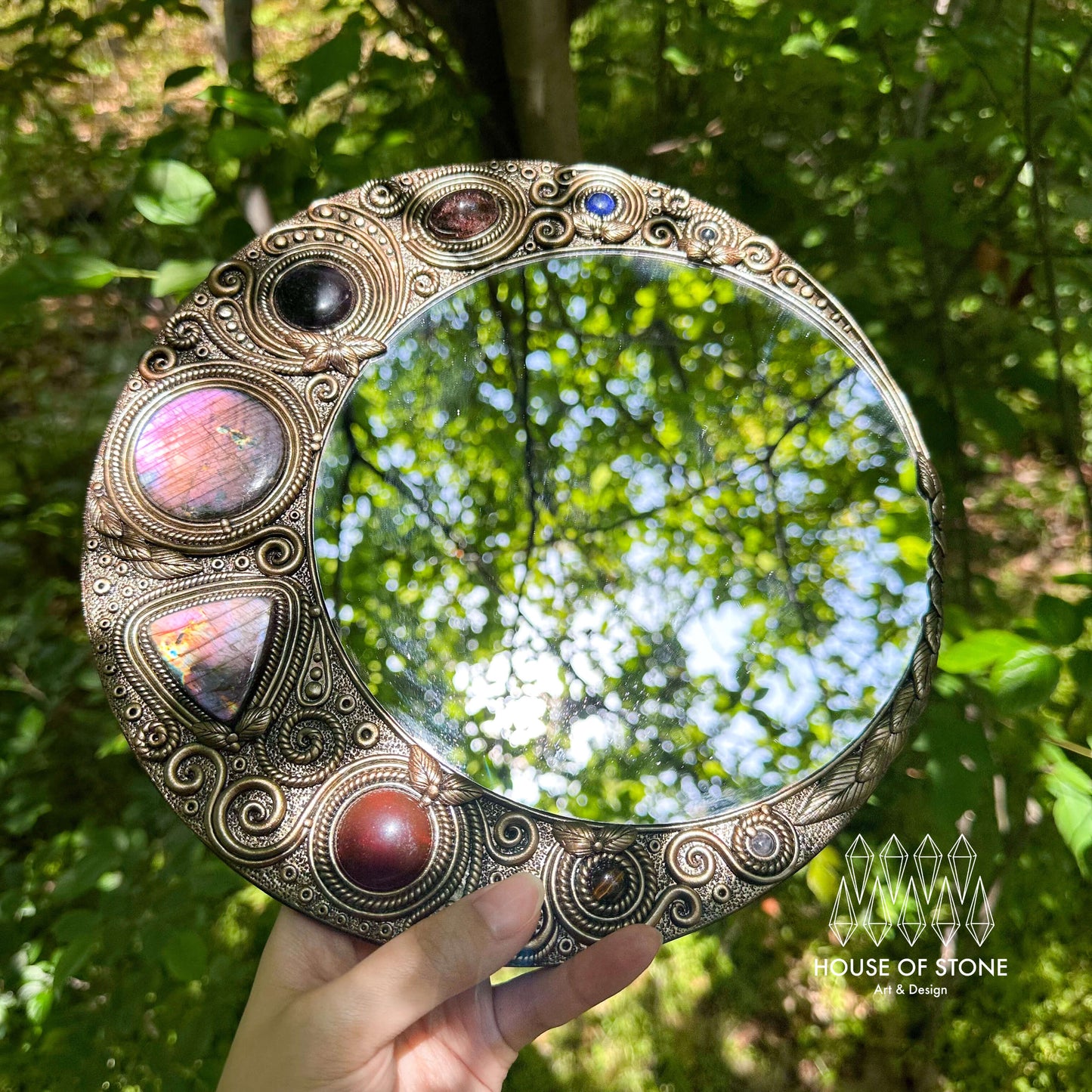 Natural Handmade Crystal Mirror/Magic Crystal Witch Mirror/Labradorite Mirror/Crystal Quartz Mirror/Chakra Healing/Manifest Altar Tool