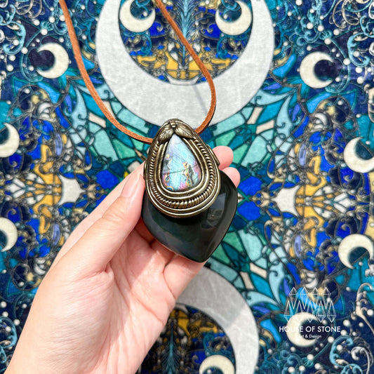 Natural Handmade Rainbow Obsidian Pendant Necklace/Magic Crystal Double-sided Pendant/Amethyst Labradorite Necklace/Root Chakra/Altar Tool