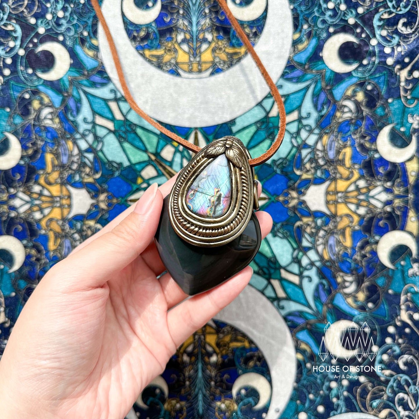 Natural Handmade Rainbow Obsidian Pendant Necklace/Magic Crystal Double-sided Pendant/Amethyst Labradorite Necklace/Root Chakra/Altar Tool