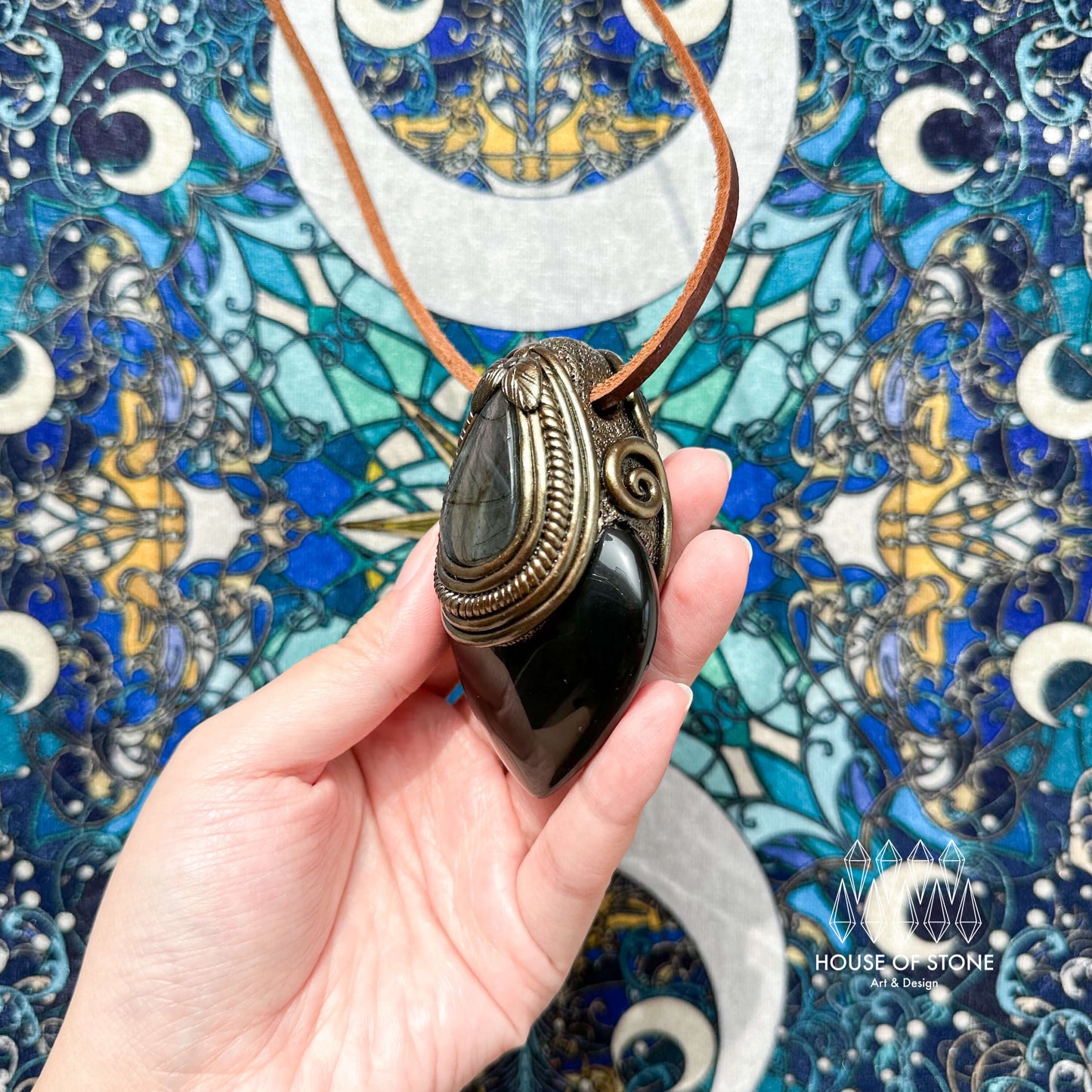 Natural Handmade Rainbow Obsidian Pendant Necklace/Magic Crystal Double-sided Pendant/Amethyst Labradorite Necklace/Root Chakra/Altar Tool