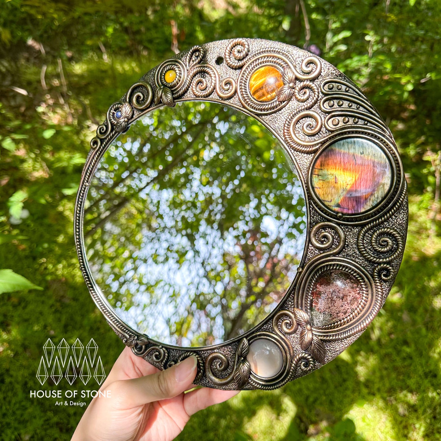 Handmade Natural Crystal Mirror/Magic Crystal Witch Mirror/Labradorite Mirror/Crystal Quartz Mirror/Chakra Healing/Manifest Altar Tool