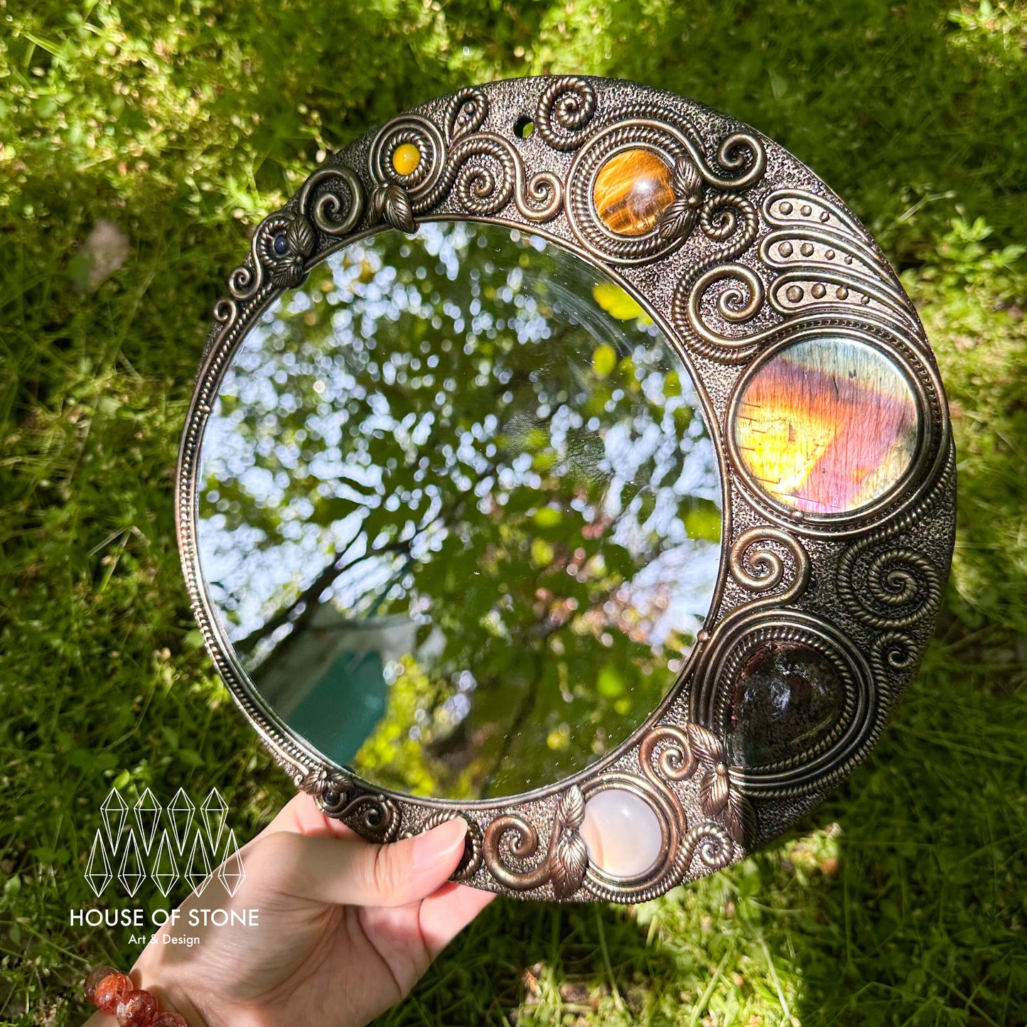 Handmade Natural Crystal Mirror/Magic Crystal Witch Mirror/Labradorite Mirror/Crystal Quartz Mirror/Chakra Healing/Manifest Altar Tool