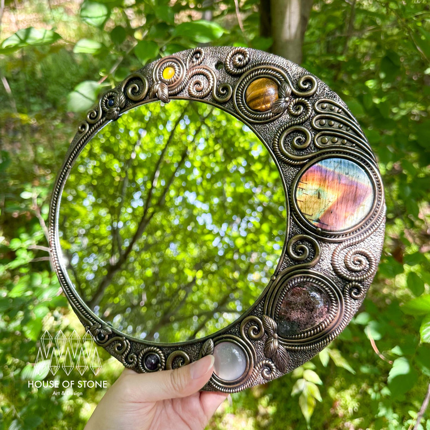 Handmade Natural Crystal Mirror/Magic Crystal Witch Mirror/Labradorite Mirror/Crystal Quartz Mirror/Chakra Healing/Manifest Altar Tool