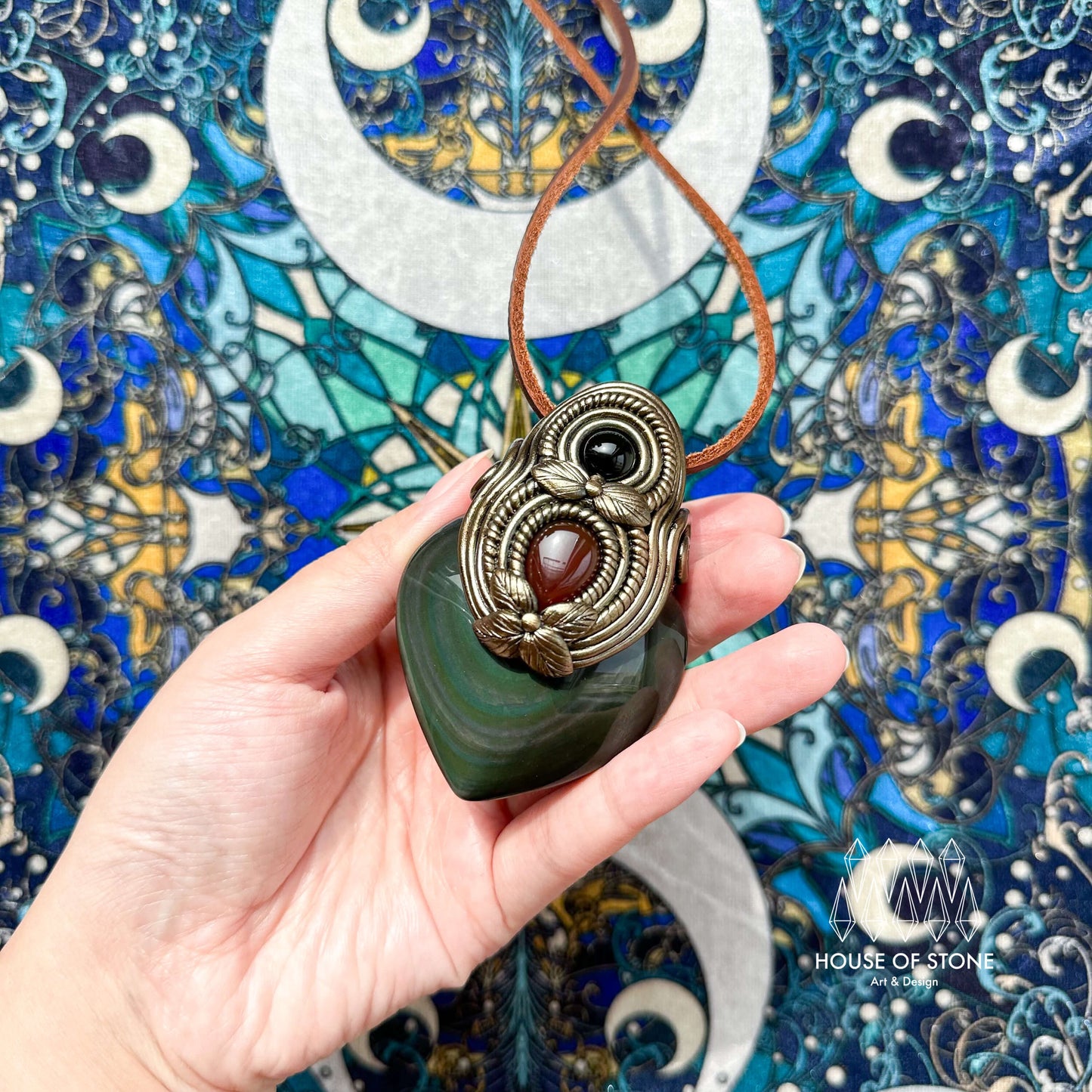 Natural Handmade Rainbow Obsidian Pendant Necklace/Magic Crystal Double-sided Pendant/Amethyst Labradorite Necklace/Root Chakra/Altar Tool