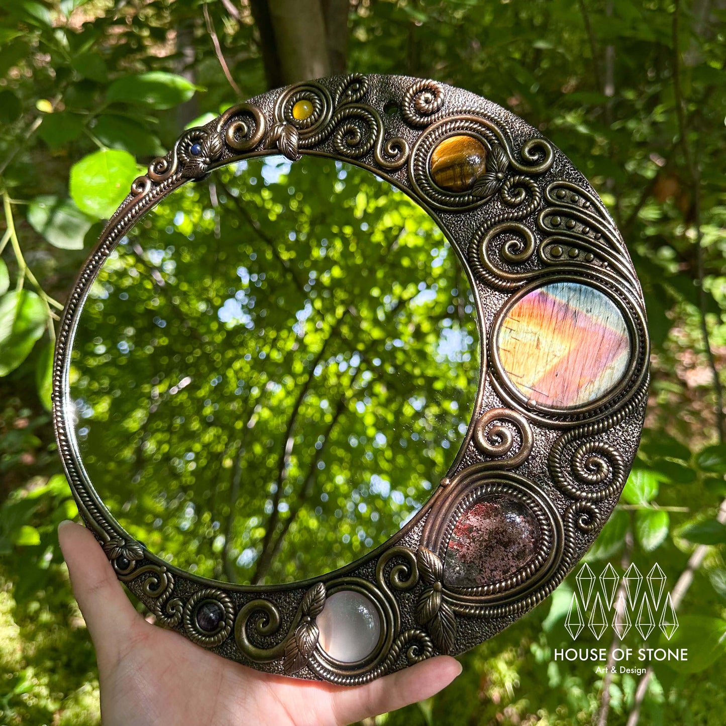 Handmade Natural Crystal Mirror/Magic Crystal Witch Mirror/Labradorite Mirror/Crystal Quartz Mirror/Chakra Healing/Manifest Altar Tool