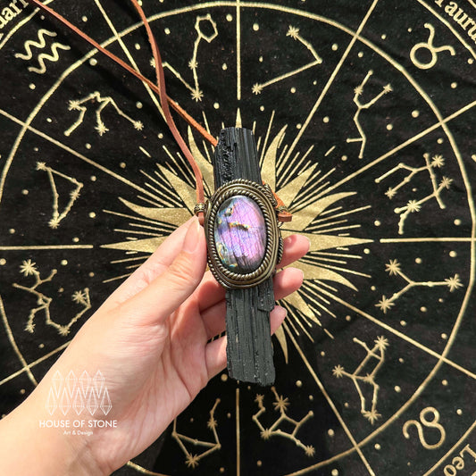 Natural Handmade Black Tourmaline Pendant Necklace/Magic Black Tourmaline Crystal Double-sided Pendant/Labradorite Jewelry/Chakra/Altar Tool