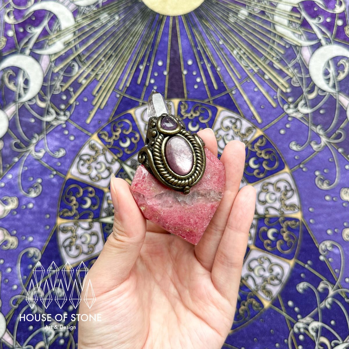 Handmade Natural Rhodonite Necklace/Magic Herkimer Dianmond Quartz Crystal Protection Pendant/Amulet Talisman Jewelry/Altar Tool