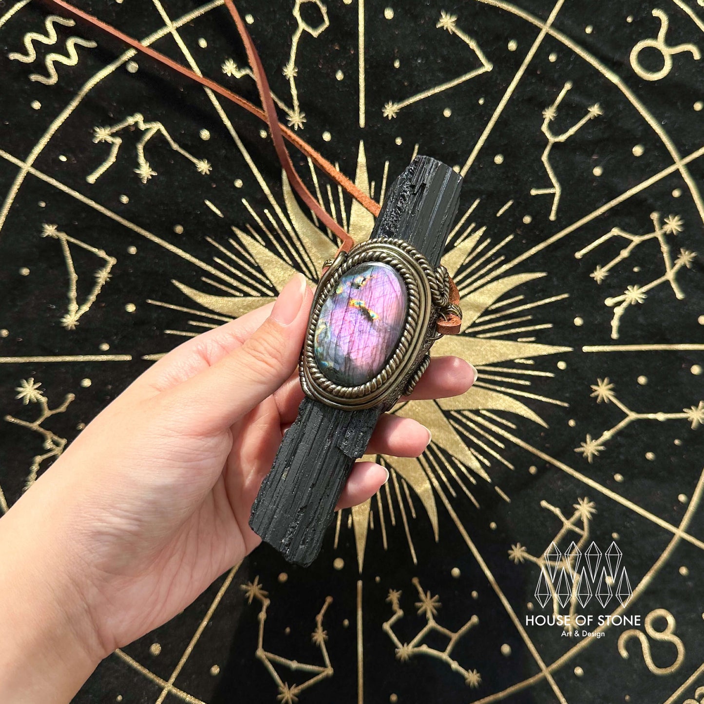 Natural Handmade Black Tourmaline Pendant Necklace/Magic Black Tourmaline Crystal Double-sided Pendant/Labradorite Jewelry/Chakra/Altar Tool