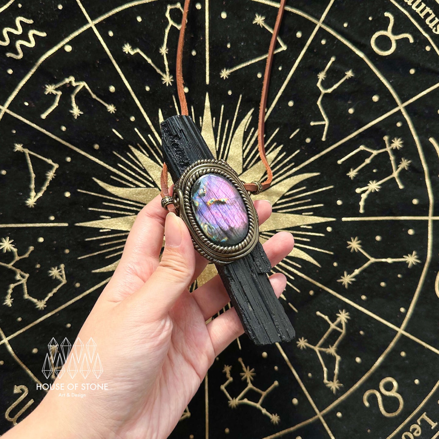 Natural Handmade Black Tourmaline Pendant Necklace/Magic Black Tourmaline Crystal Double-sided Pendant/Labradorite Jewelry/Chakra/Altar Tool