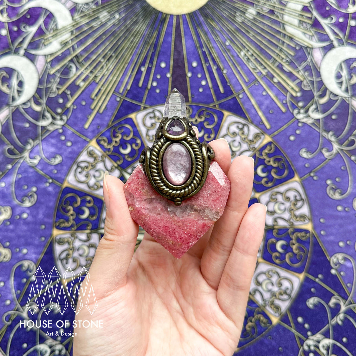 Handmade Natural Rhodonite Necklace/Magic Herkimer Dianmond Quartz Crystal Protection Pendant/Amulet Talisman Jewelry/Altar Tool