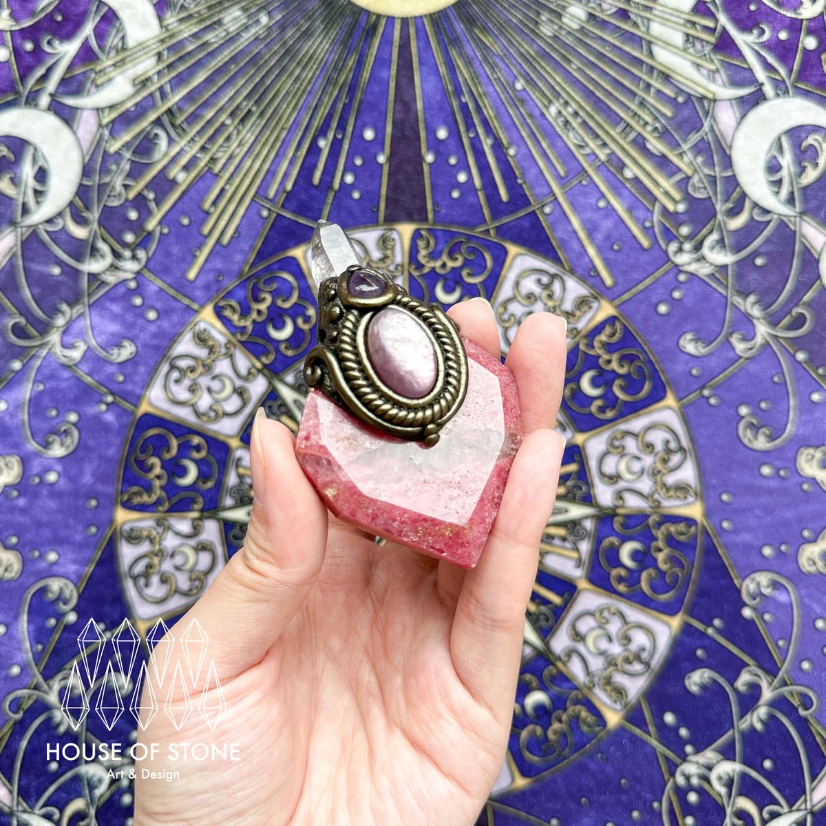 Handmade Natural Rhodonite Necklace/Magic Herkimer Dianmond Quartz Crystal Protection Pendant/Amulet Talisman Jewelry/Altar Tool