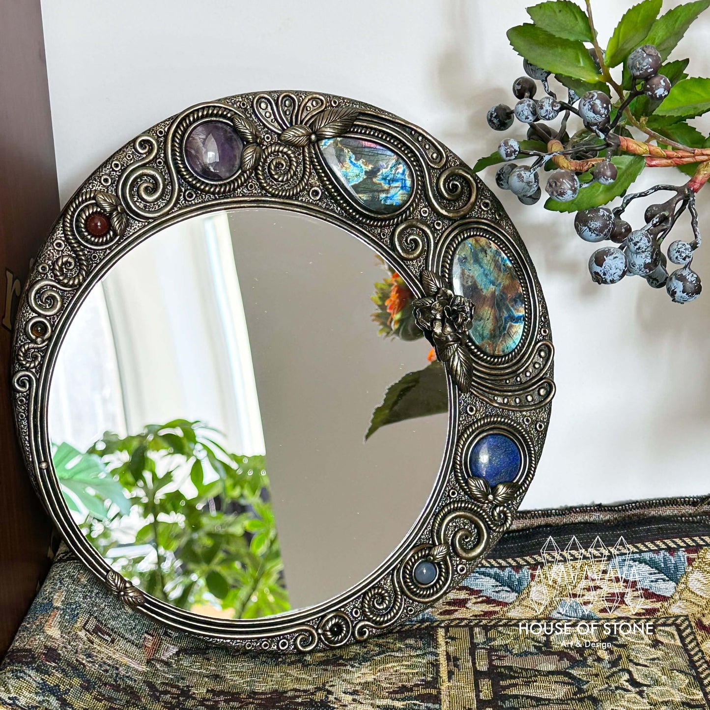 Handmade Natural Crystal Mirror/Magic Crystal Witch Mirror/Labradorite Mirror/Crystal Quartz Mirror/Chakra Healing/Manifest Altar Tool