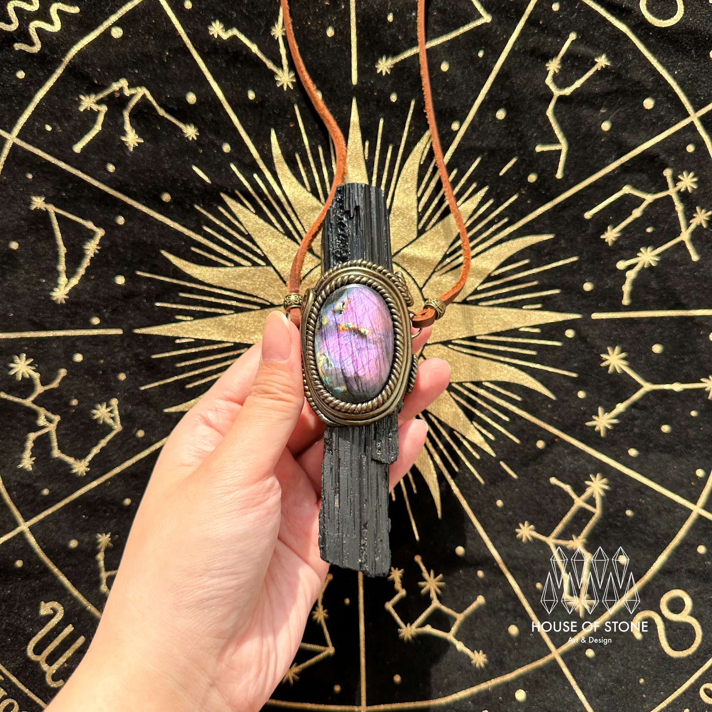 Natural Handmade Black Tourmaline Pendant Necklace/Magic Black Tourmaline Crystal Double-sided Pendant/Labradorite Jewelry/Chakra/Altar Tool