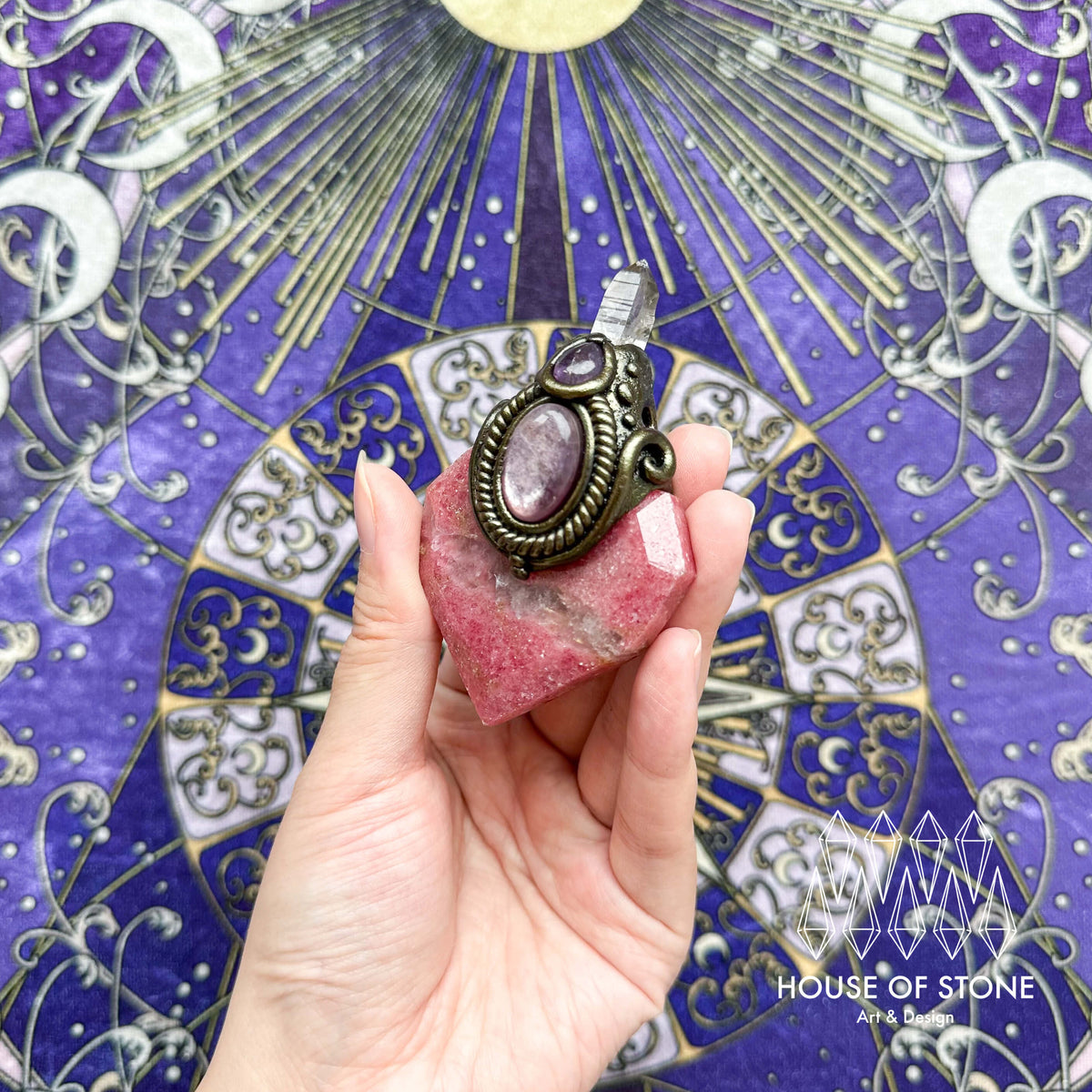 Handmade Natural Rhodonite Necklace/Magic Herkimer Dianmond Quartz Crystal Protection Pendant/Amulet Talisman Jewelry/Altar Tool