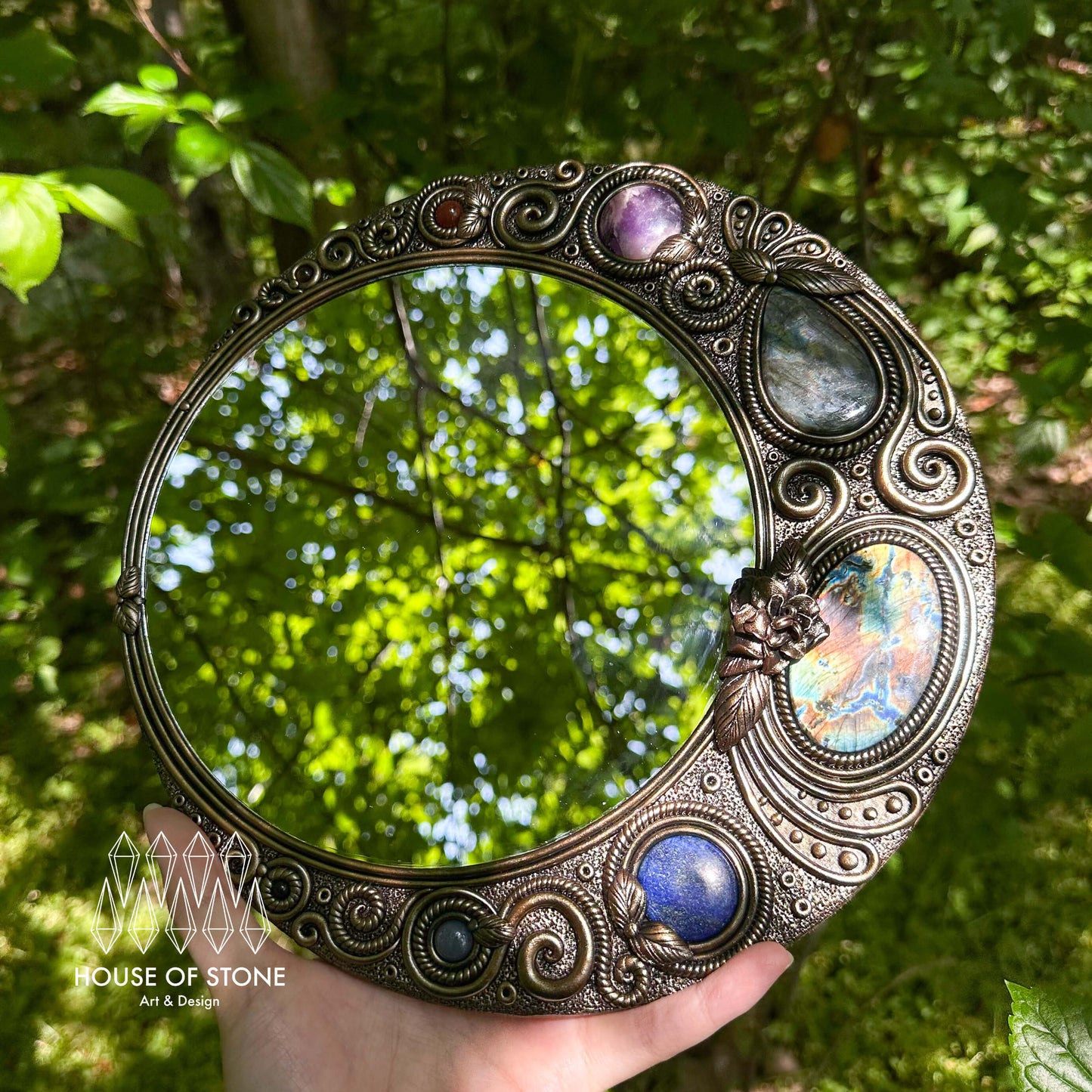 Handmade Natural Crystal Mirror/Magic Crystal Witch Mirror/Labradorite Mirror/Crystal Quartz Mirror/Chakra Healing/Manifest Altar Tool