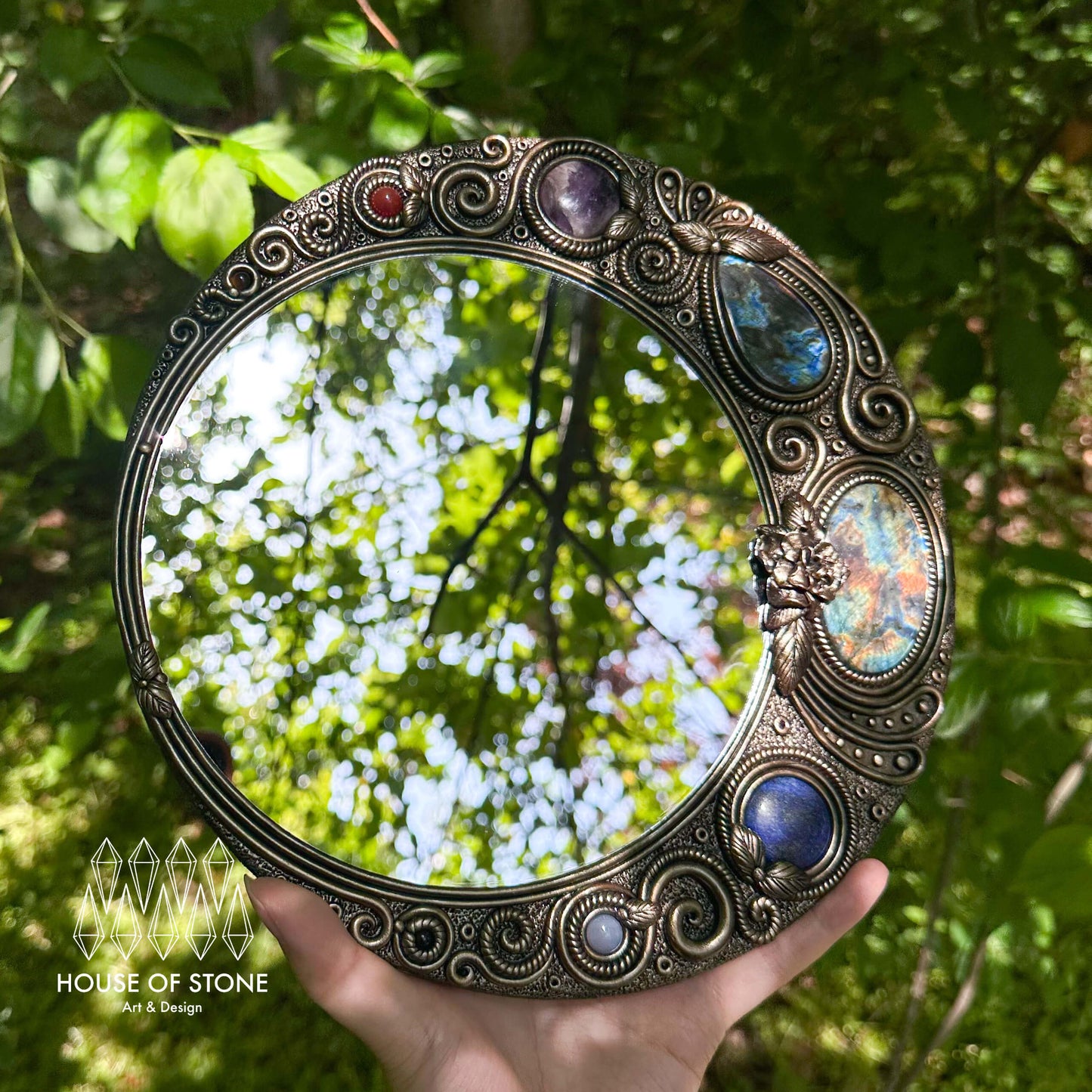 Handmade Natural Crystal Mirror/Magic Crystal Witch Mirror/Labradorite Mirror/Crystal Quartz Mirror/Chakra Healing/Manifest Altar Tool