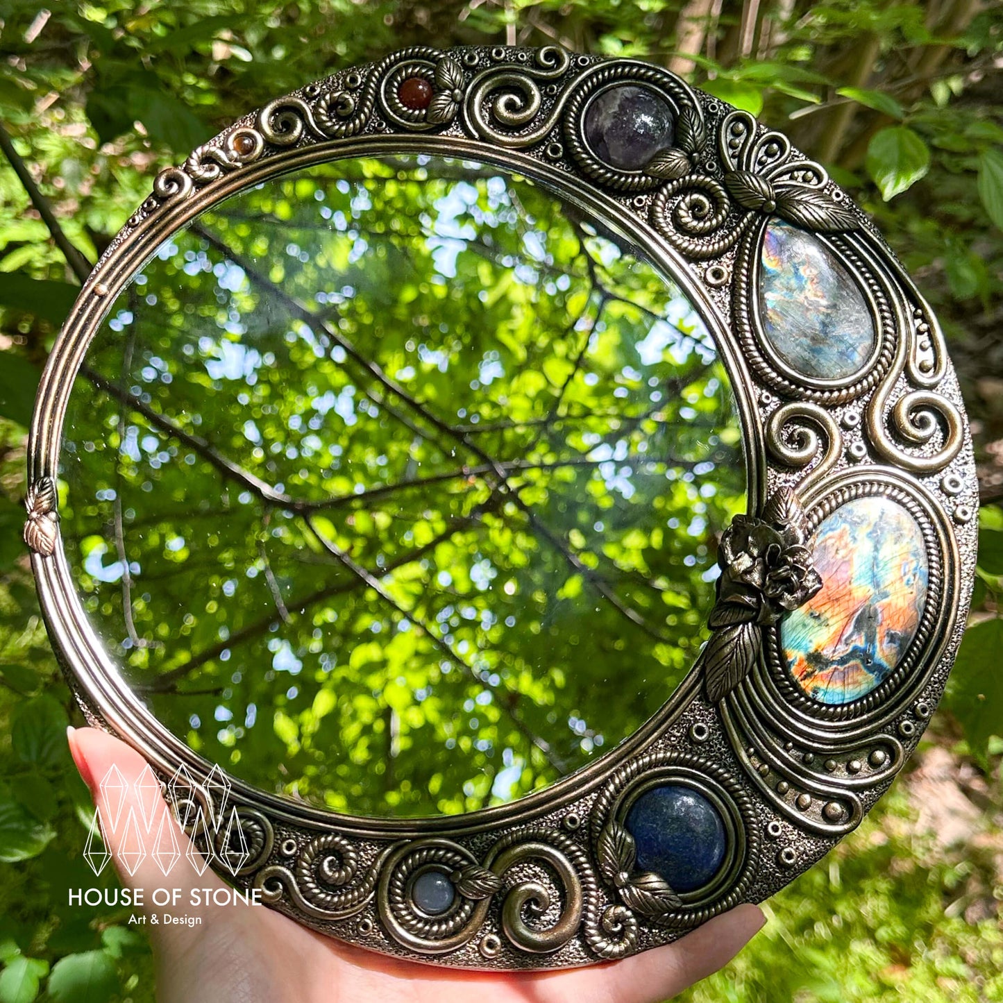 Handmade Natural Crystal Mirror/Magic Crystal Witch Mirror/Labradorite Mirror/Crystal Quartz Mirror/Chakra Healing/Manifest Altar Tool