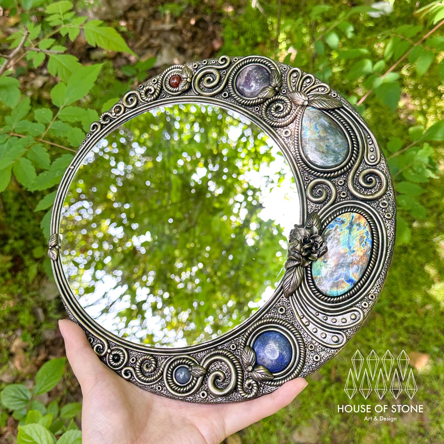 Handmade Natural Crystal Mirror/Magic Crystal Witch Mirror/Labradorite Mirror/Crystal Quartz Mirror/Chakra Healing/Manifest Altar Tool